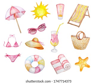 watercolor summer set, beach umbrella, deck chair, sun, sunscreen, sunglasses, panama, beach bag, bikini, juice, beach towel