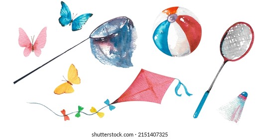 Watercolor Summer Set. Butterflies, Badminton, A Flying Kite And A Big Beach Ball.