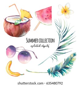 Watercolor Summer Set. Hand Drawn Collection Of Vacation Icons: Coconut Milk, Watermelon, Fashion Sunglasses, Banana, Palm Leaves And Tropical Flower. Elements Isolated On White Background