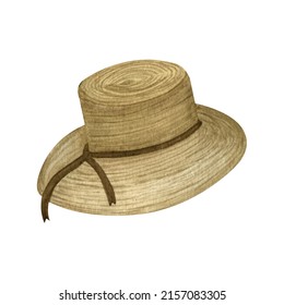 Watercolor summer straw hat with brown ribbons. Isolated on a white background