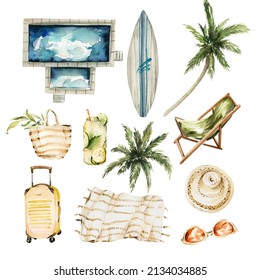 Watercolor summer trip. Hand painted travel set -swimming poll, palm tree, coctails, hat , suitcase, surf Ocean scene isolated on white background. illustration for map creator, invitation,voyage
