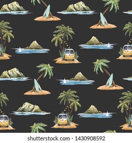 Watercolor Summer Tropical Background, Hawaii Mountains, Sea And Surf, Hippie Bus And Palm Trees