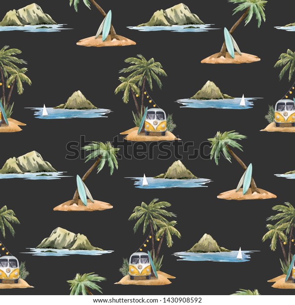 Watercolor summer tropical background,\
Hawaii mountains, sea and surf, hippie bus and palm\
trees