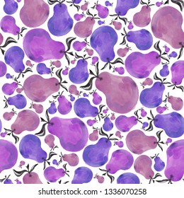 Watercolor summer tropical seamless pattern with purple pears on a white background. Hand painted paints, handmade.