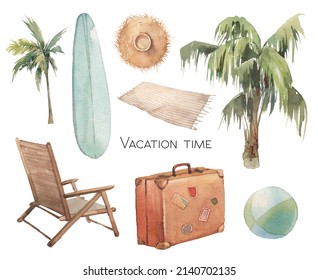 Watercolor Summer Vacation Set. Isolated Travel Items Isolated On White Background. Beach Decorative Elements