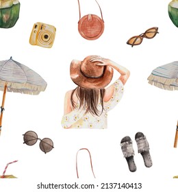 Watercolor summer vibes seamless pattern of girl in a hat, fashionable accessories, beach umbrella, coconut. For packaging, wrapping paper, wedding design, stationery, fashion blog, magazines, covers 