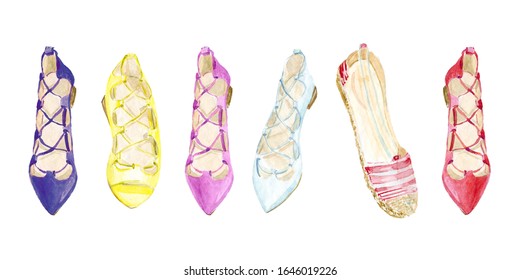 Watercolor Summer Women Shoes Isolated Illustrations. Bright Summer. Fashion Moodboard, Summer Shoes, Skirt, Lingerie. Suitable For Bridal Shower, Greetin Cards, Invitations, Beach Party