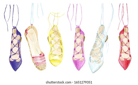 Watercolor Summer Women Shoes With Laces Isolated Illustrations. Bright Summer. Fashion Moodboard, Summer Shoes, Skirt, Lingerie. Suitable For Bridal Shower, Greetin Cards, Invitations, Beach Party