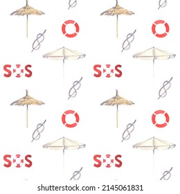 Watercolor summers seamless pattern. Isolated beach illustrations on white background.  Hand drawn  painting.