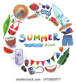 Watercolor summertime card with palms leaves, straw hat, flags, surfboard, coconuts, swimwear, shorts, ice cream, watermelon, strawberries and colorful summer lettering.  - Powered by Shutterstock