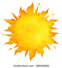 Watercolor sun with crown and sparks. Fire circle template. Sun shape or flame border with space for text. Raster version. Isolated on white backdrop.