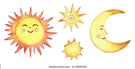 Watercolor Sun Moon Stars Collection Isolated Stock Illustration