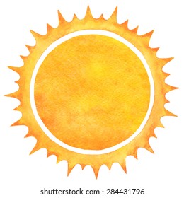 Watercolor sun with spiked crown isolated on white backdrop. Fire circle frame. Sun shape or flame border with space for text. Orange and yellow circle silhouette with rough edges. Raster version.
