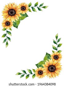 Watercolor Sunflower Arrangement, Floral Border.