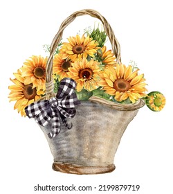 Watercolor Sunflower backet and black   white bow  Farmhouse country style illustration  Floral arrangement isolated white background