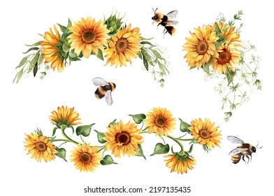 Watercolor Sunflower Bouquet, Wreath, Border. Flying Bumble Bee. Floral Illustration Isolated On White Background