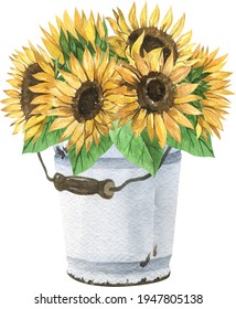 Watercolor Sunflower Clip Art. Summer Yellow Flowers Bouquet.Vintage Rusty Iron Elements. Rustic Elements.