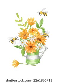 Watercolor Sunflower Clipart  A bouquet sunflowers in metal watering can  A composition sunflowers  daisies   bees  Hand drawing 