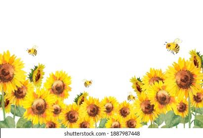 Watercolor sunflower garden with honey bees
