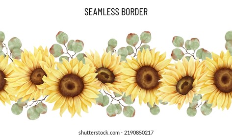 Watercolor Sunflower Seamless Pattern. Floral Border. Yellow Flowers, Leaves And Plants. Autumn Arrangement. Isolated On White Background. Fall Clipart. Botanical Illustration.