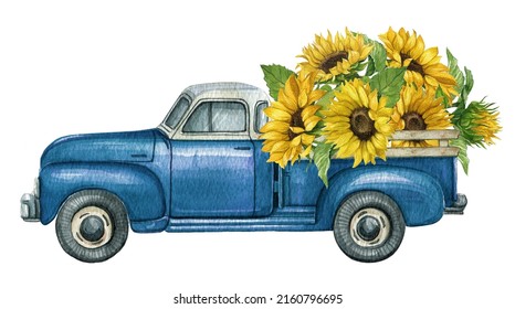 Watercolor sunflower truck,Autumn floral harvest truck,Thanksgiving arrangement,Pick-up car,Vintage car with sunflower, fall blue truck. - Powered by Shutterstock