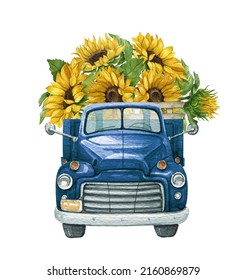 Watercolor Sunflower Truck,Autumn Floral Harvest Truck,Thanksgiving Arrangement,Pick-up Car,Vintage Car With Sunflower, Fall Blue Truck.