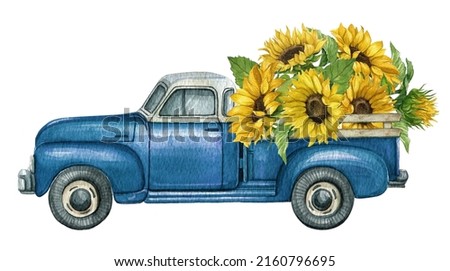 Watercolor sunflower truck,Autumn floral harvest truck,Thanksgiving arrangement,Pick-up car,Vintage car with sunflower, fall blue truck.