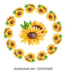 Watercolor Sunflower Wreath. Circle Flowers. High Quality Photo
