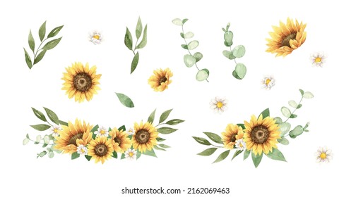 Watercolor sunflowers  eucalyptus  white gentle chamomile clipart  hand painted floral compositions for wedding invitations   greeting cards 