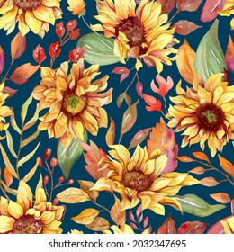 Watercolor sunflowers seamless pattern. Simple floral pattern for wallpaper, home decor and fabric print. Ornament for autumn and summer with foliage and berries. Rustic garden print, romantic 