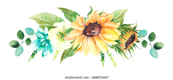 Watercolor sunflowers and succulents bouquet isolated on white background. Floral botanical illustration for wedding invitation, greeting cards. 