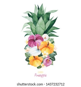 Watercolor Sunny Pineapple.Greeting Card With Pineapple,leaves,palm Leaf,multicolored Flowers.Perfect For Wedding,invitations,quotes,logos,Birthday Cards,bridal Shower And Your Unique Creation.