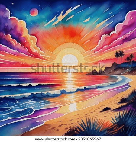 watercolor sunset at the beach illustration oil painting..