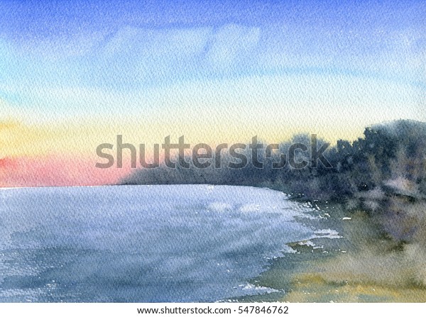 Watercolor Sunset Sea Coast Hand Drawn Stock Illustration 547846762