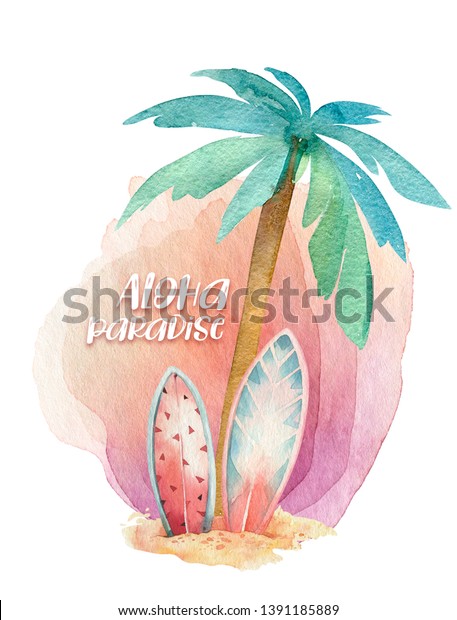Watercolor surf beach, adventure bike and\
motorollier, fun holiday activity, tropical travel illustration.\
Island summer, retro car and\
surfboard.