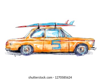 Watercolor Surf Car Illustration