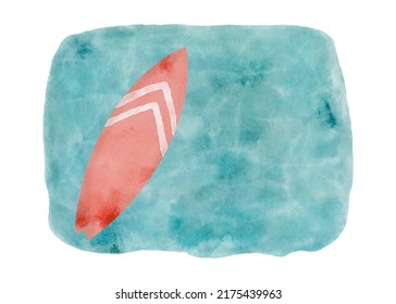 Watercolor Surfboard In Blue Sea Illustration. Hand Drawn Red Surf Board In Sparkling Water Isolated On White. Summer Vacation Background. Beach Sport Banner Design