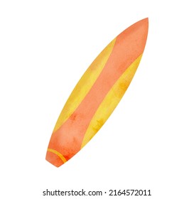 Watercolor surfboard illustration. Hand painted bright red surf board isolated on white background. Sea wave extreme sport equipment. Summer beach fun, retro holiday vacation design