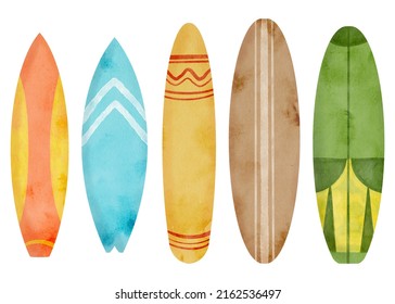Watercolor surfboards set. Hand drawn colorful surf board illustration isolated on white background. Sea wave extreme sport. Summer beach fun, retro holiday vacation design for cards, logo, print