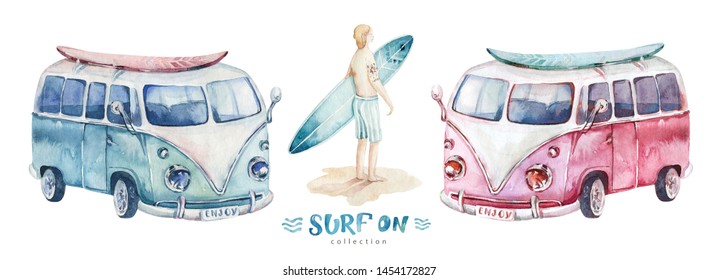 Watercolor Surfing vacation. Summer ocean beach wirh surfboard car. california design