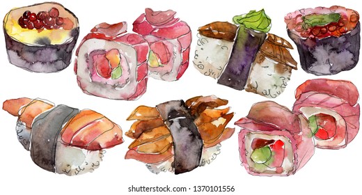 Watercolor sushi set of beautiful tasty japanese food illustration. Watercolour hand drawn objects on white background. Aquarelle isolated sushi illustration element.