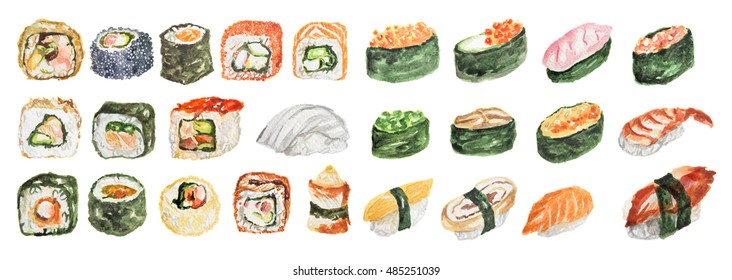 Watercolor sushi set. Different kinds of sushi as rolls, maki and more. Rice and fish.