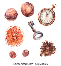 Watercolor Sweet Christmas Collection Of Old Vintage Pocket Watch, Key, Nuts And Orange Slice, New Year Decoration, Holiday Design Elements, Isolated Festive New Year Set