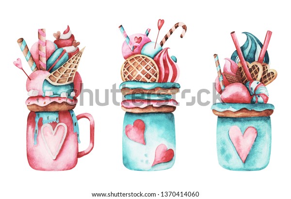 水彩甘美な絵 手描きのミルクシェイクとアイスクリーム ドーナツ ロリポップ マカロン ワッフル のイラスト素材