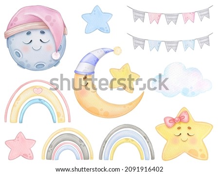 Watercolor sweet dreams clip art, sleeping moon, stars. Baby shower illustration