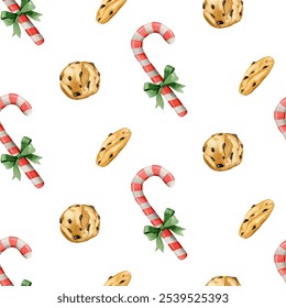 Watercolor sweet seamless pattern. Sweets chocolate chip cookies and lollypops. Festive seamless pattern with sweets on a white background. Hand drawn illustration. National Chocolate Chip Cookie day. - Powered by Shutterstock