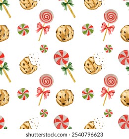 Watercolor sweet seamless pattern. Sweets chocolate chip cookies and lollypops. Festive seamless pattern on white background. Hand drawn illustration. National Chocolate Chip Cookie day. - Powered by Shutterstock