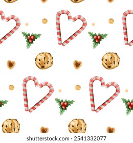 Watercolor sweet seamless pattern. Sweets chocolate chip cookies and lollypops. Festive seamless pattern with sweets on a white background. Hand drawn illustration. National Chocolate Chip Cookie day. - Powered by Shutterstock