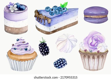 Watercolor sweets, cakes, cupcakes. Purple pastries, berries, cream, pasta. Desserts on a white background. Hand painted watercolor baking. Illustration for logos, stickers, design, cookbook and more! - Powered by Shutterstock