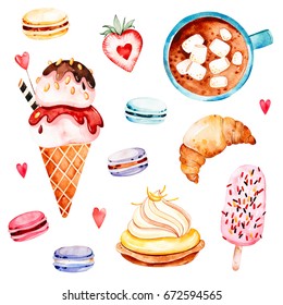 Watercolor sweets collection with ice cream,cupcake,croissant,bouquet in waffle corne,multicolored macaroons,strawberry,letter,cup with coffee and marshmallows.Waterclolor set with food and drink.